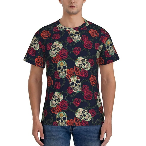 Yiaed Roses Skulls Print Mens Short Sleeve Tight Fit T-Shirt, Crewneck Casual Tee-Large