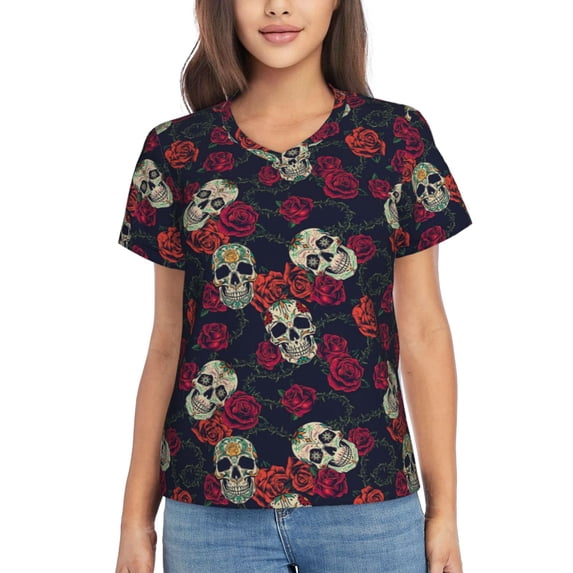 Yiaed Roses Skulls Print Women's T Shirt V-Neck Short Sleeve Shirt Casual Breathable Tee Summer Tops-Medium