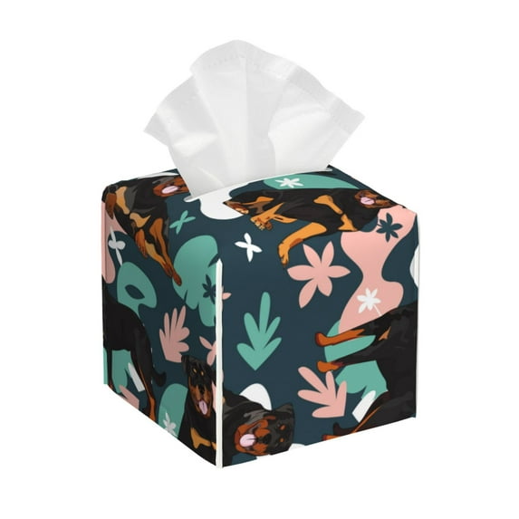 Yiaed Rottweiler Print Tissue Box Cover, PU Leather Decorative Organizer for Tabletop, Bathroom, Car, Office Creative Decorative