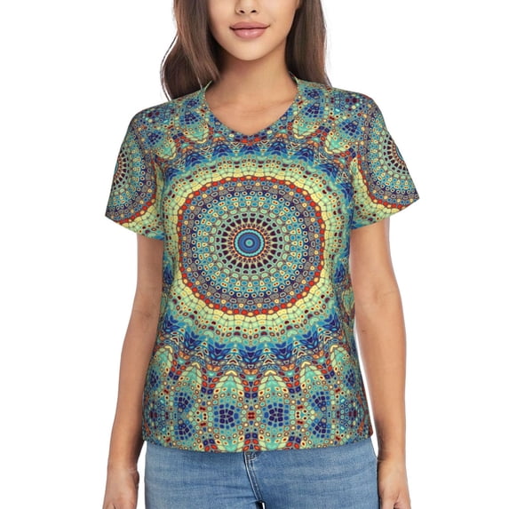 Yiaed Round Mandala1 Print Women's T Shirt V-Neck Short Sleeve Shirt Casual Breathable Tee Summer Tops-XX-Large