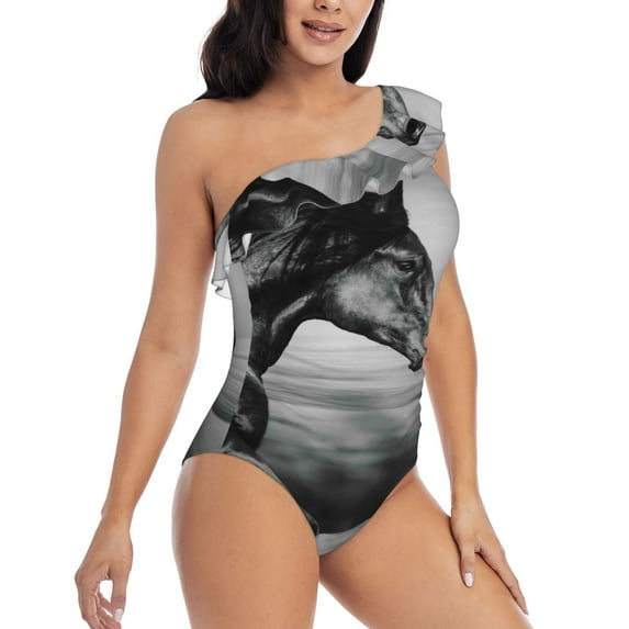 Yiaed Running Horse Print Women One Piece Swimsuits Tummy Control One Shoulder Bathing Suits Pattern Ruffle Swimwear-Medium