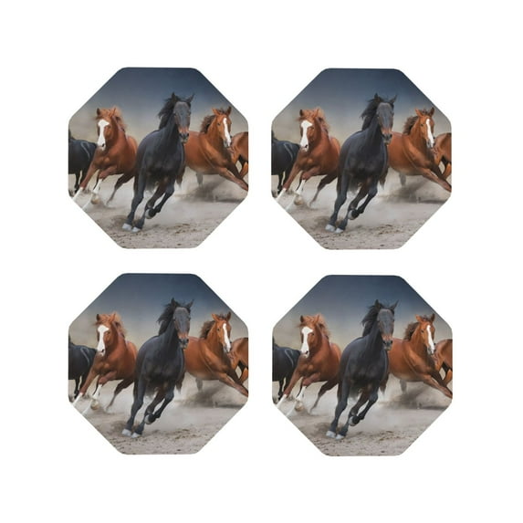 Yiaed Running Horses Print Leather Coasters for Drinks - Cup Coasters Coffee Table Kitchen Table Bar, Home & Office Gifts Handmade Drink Coasters-Octagon