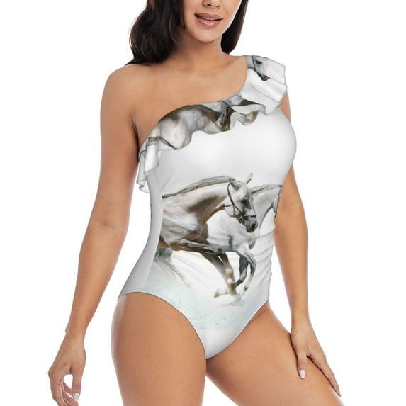 Yiaed Running White Horses Print Women One Piece Swimsuits Tummy Control One Shoulder Bathing Suits Pattern Ruffle Swimwear-X-Large