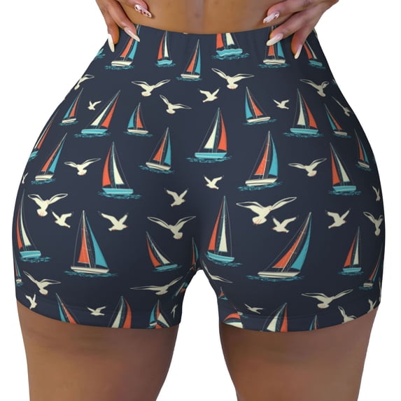 Yiaed Sailboat And Seagull Print Women's Athletic Shorts Running Shorts Sporty Short High Waisted Elastic Workout Shorts for Yoga Gym Running & Sports -Small