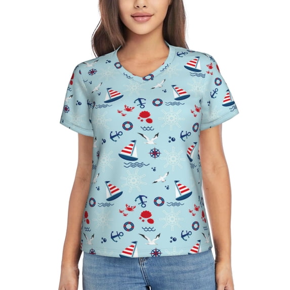 Yiaed Sailboats Anchors Print Women's T Shirt V-Neck Short Sleeve Shirt Casual Breathable Tee Summer Tops-X-Large
