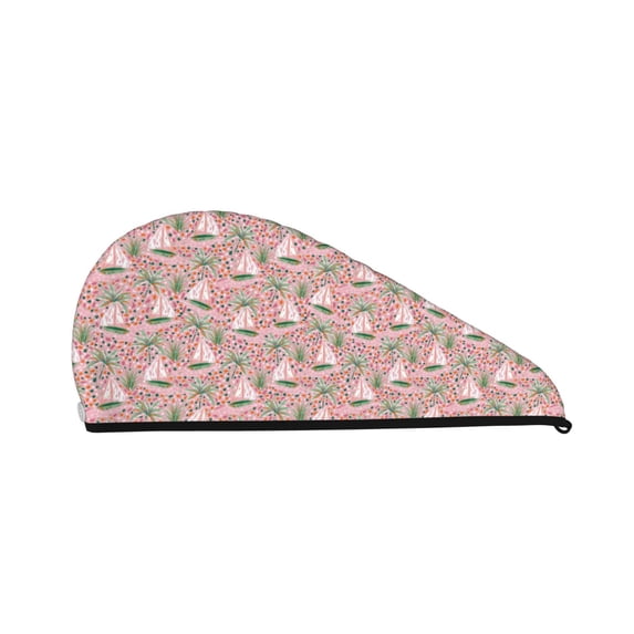 Yiaed Sailboats And Palm Tree Print Hair Cap with Button,Coral Fleece Hair Towel Wrap for Women Wet Hair,Quick Dry Turban for Wet Hair Long Thick Hair