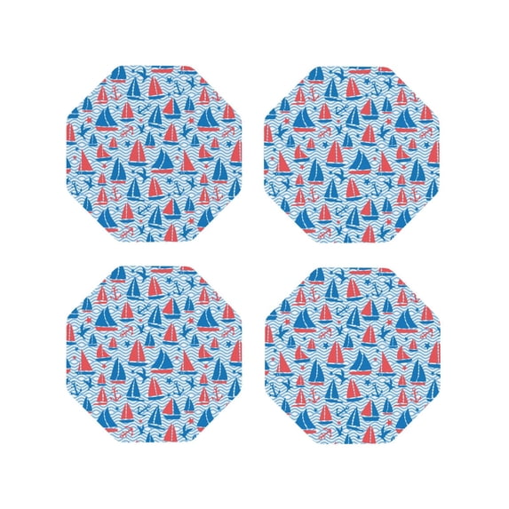 Yiaed Sailboats On A Waves Print Leather Coasters for Drinks - Cup Coasters Coffee Table Kitchen Table Bar, Home & Office Gifts Handmade Drink Coasters-Octagon