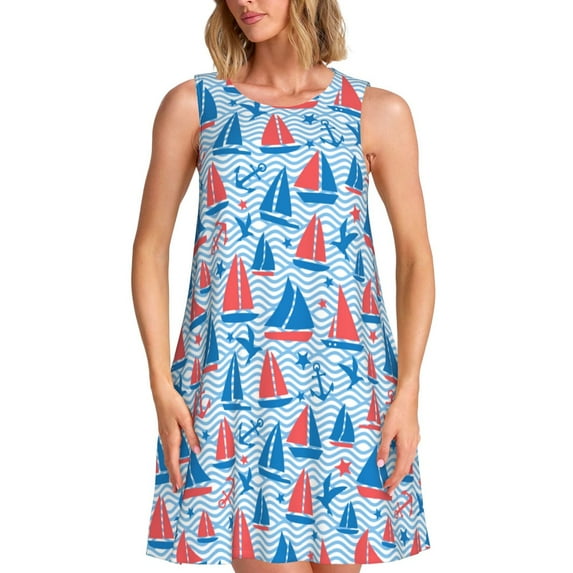 Yiaed Sailboats On A Waves Print Women's Sleeveless Dress, Loose Fit Summer Dress, Casual Sleeveless Dress for Women