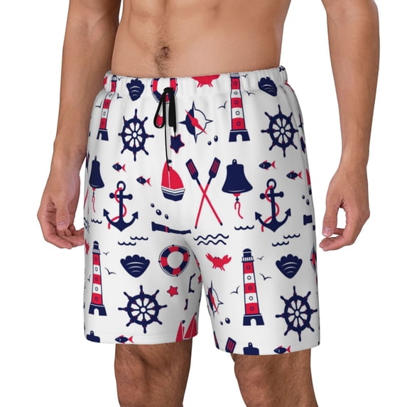 Yiaed Sailing Marine Travel Print Mens Swim Trunks Bathing Suit Compression Liner Beach Swim Shorts Swimwear Quick Dry Zipper Pocket No-Chafing Board Short-Medium