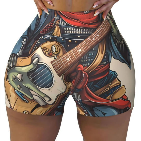 Yiaed Samurai Frog Guitar Print Women's Athletic Shorts Running Shorts Sporty Short High Waisted Elastic Workout Shorts for Yoga Gym Running & Sports -Medium