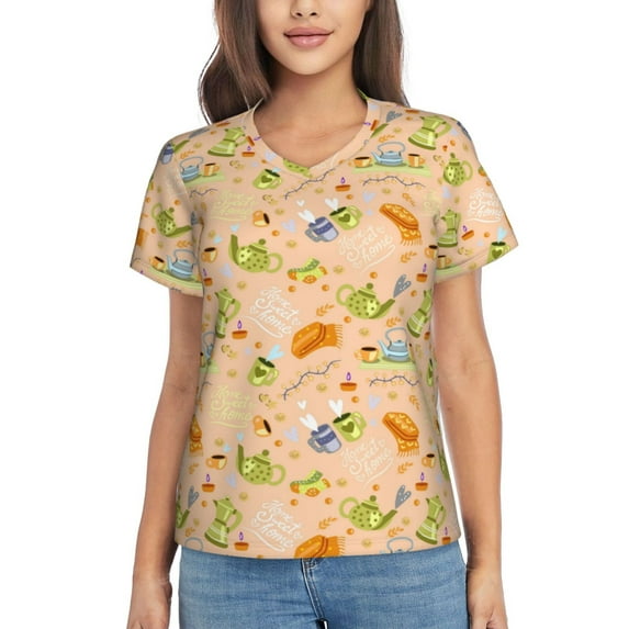 Yiaed Scandinavian Style Hygge Print Women's T Shirt V-Neck Short Sleeve Shirt Casual Breathable Tee Summer Tops-3X-Large
