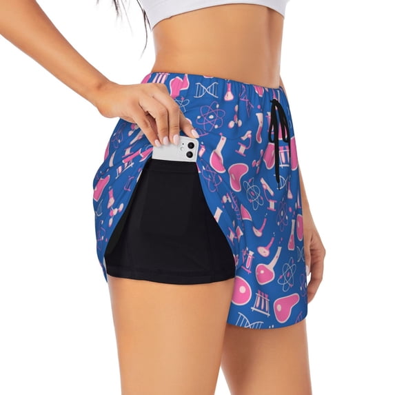 Yiaed Science Experiment Print Women's Running Shorts with Liner 3 Zipper Pockets Elastic Workout Athletic Gym Yoga Shorts-Medium