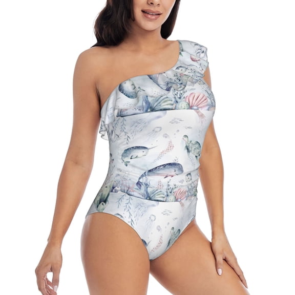 Yiaed Sea Animals Print Women One Piece Swimsuits Tummy Control One Shoulder Bathing Suits Pattern Ruffle Swimwear-Small
