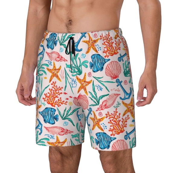 Yiaed Sea Creatures Print Mens Swim Trunks Bathing Suit Compression Liner Beach Swim Shorts Swimwear Quick Dry Zipper Pocket No-Chafing Board Short-Medium