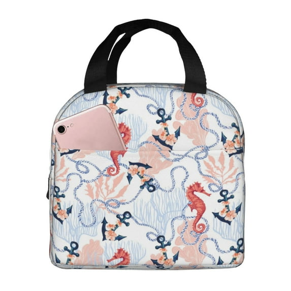 Yiaed Sea Horse And Corals Print Insulated Lunch Bag Reusable Cute Tote Lunch Box, Leakproof Cooler Lunch Bags for Work Office Travel School Picnic