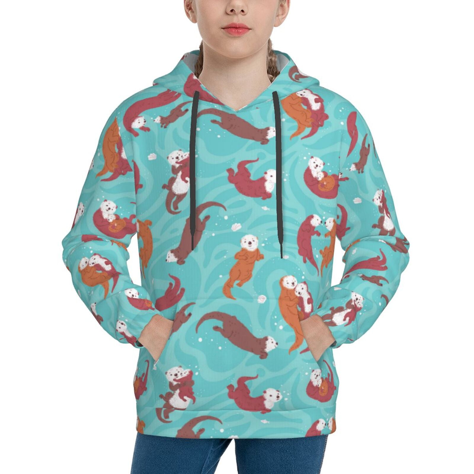 Yiaed Sea Otters Family In Blue Water Print Boys Girls Hoodies Novelty