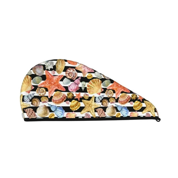 Yiaed Sea Shell Print Hair Cap with Button,Coral Fleece Hair Towel Wrap for Women Wet Hair,Quick Dry Turban for Wet Hair Long Thick Hair