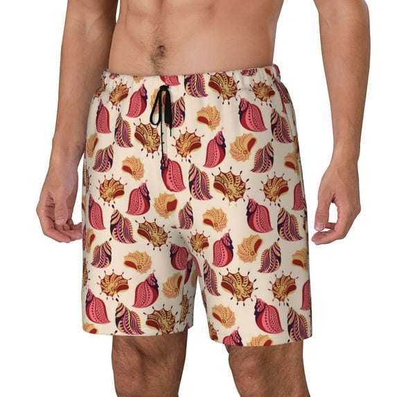 Yiaed Sea Shells Print Mens Swim Trunks Bathing Suit Compression Liner Beach Swim Shorts Swimwear Quick Dry Zipper Pocket No-Chafing Board Short-Large