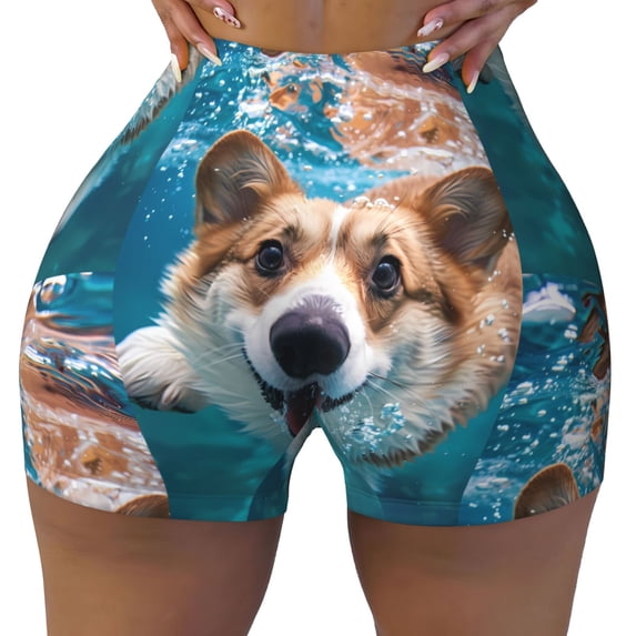 Yiaed Sea Swimming Corgi Print Women's Athletic Shorts Running Shorts Sporty Short High Waisted Elastic Workout Shorts for Yoga Gym Running & Sports -Small