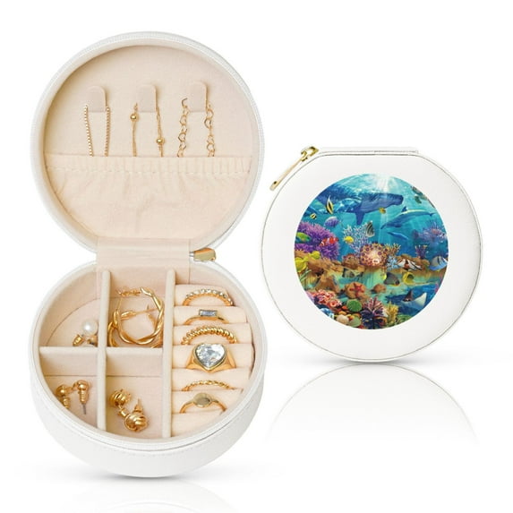 Yiaed Sea World Print Travel Jewelry Case Bridesmaid Gift Boxes Jewelry Travel Organizer Small Round Jewelry Box Mini Storage-White