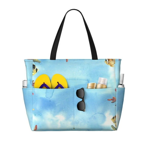 Yiaed Sea and Fish Print Large Capacity Beach Travel Bag - Waterproof Zipper Vacation Tote for Sandproof Storage, and Camping