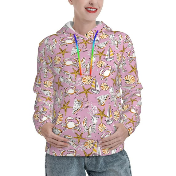 Yiaed Seafood Print Womens Casual Hoodies Crew Neck Long Sleeve Sweatshirts With Pocket Pullover Tops Women's Hooded Sweatshirt-XX-Large