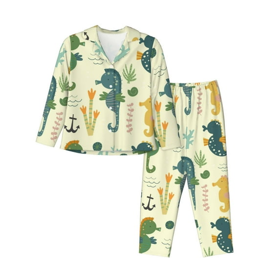 Yiaed Seahorse Print Pajamas Women's Long Sleeve Sleepwear Soft Button Down Loungewear Pjs Lounge Set Nightwear Womens Pajama Pants-Large