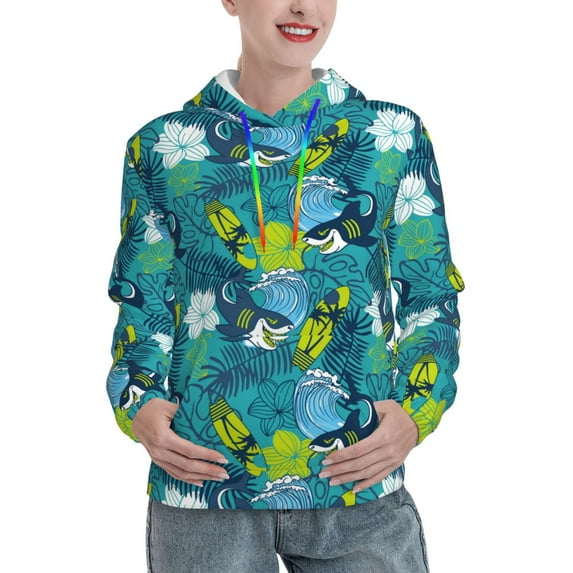 Yiaed Shark And Leaves Print Womens Casual Hoodies Crew Neck Long Sleeve Sweatshirts With Pocket Pullover Tops Women's Hooded Sweatshirt-Large