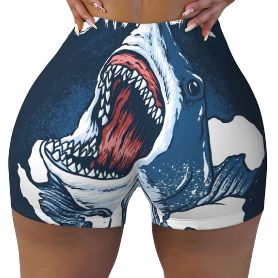 Yiaed Shark Print Women's Athletic Shorts Running Shorts Sporty Short High Waisted Elastic Workout Shorts for Yoga Gym Running & Sports -Small