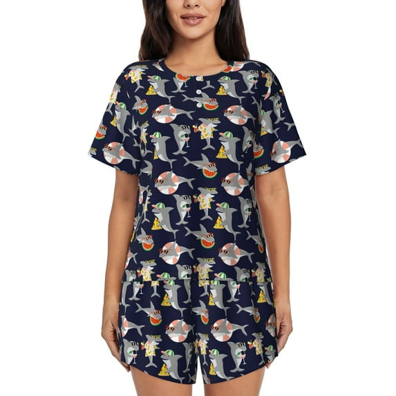 Yiaed Sharks In Sunglasses Print Short Sleeve Pajama Sets for Women Casual Crew Neck 2 Piece Lounge Sets Women's Short-Sleeved Pajama-Medium
