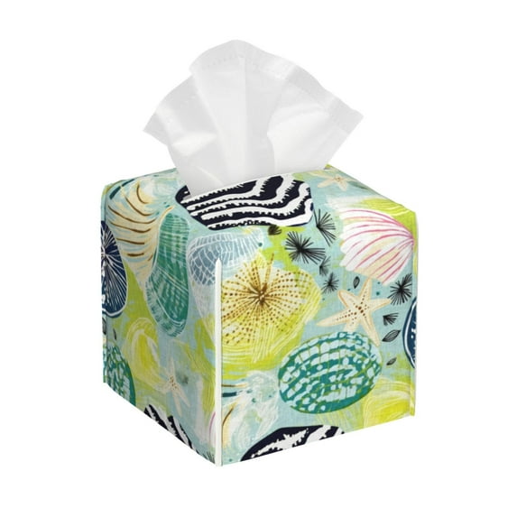 Yiaed Shell Clam Print Tissue Box Cover, PU Leather Decorative Organizer for Tabletop, Bathroom, Car, Office Creative Decorative