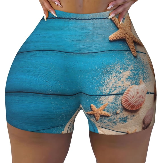 Yiaed Shells and Starfish Print Women's Athletic Shorts Running Shorts Sporty Short High Waisted Elastic Workout Shorts for Yoga Gym Running & Sports -Small