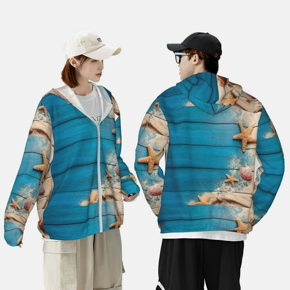 Yiaed Shells and Starfish Print Sun Shirts UPF 50+ Protection Hoodie Rash Guard Shirt UV Shirt Long Sleeve Fishing Outdoor Lightweightase-Large