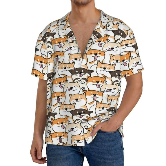 Yiaed Shiba Inu Dog Print Mens Casual Wrinkle Free Shirts Short Sleeve Button Down Summer Stretch Dress Shirt-Large