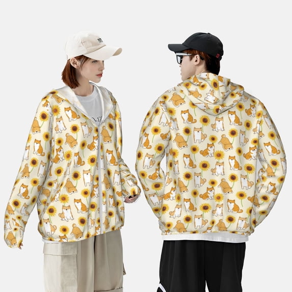 Yiaed Shiba Inu Sunflower Print Sun Shirts UPF 50+ Protection Hoodie Rash Guard Shirt UV Shirt Long Sleeve Fishing Outdoor Lightweightase-Small