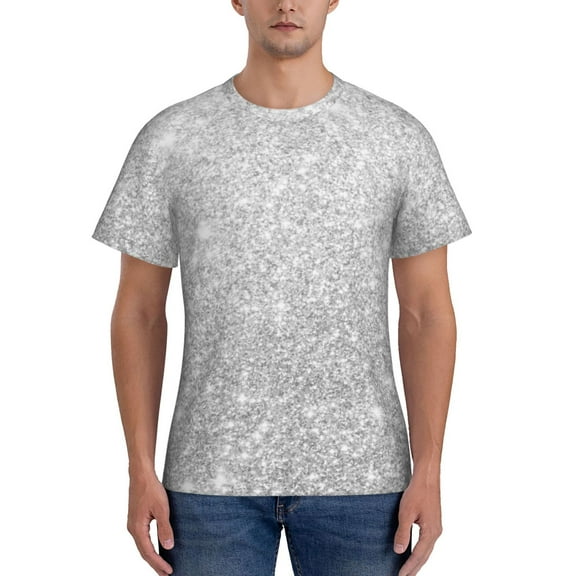 Yiaed Silver Glitter Print Mens Short Sleeve Tight Fit T-Shirt, Crewneck Casual Tee-3X-Large
