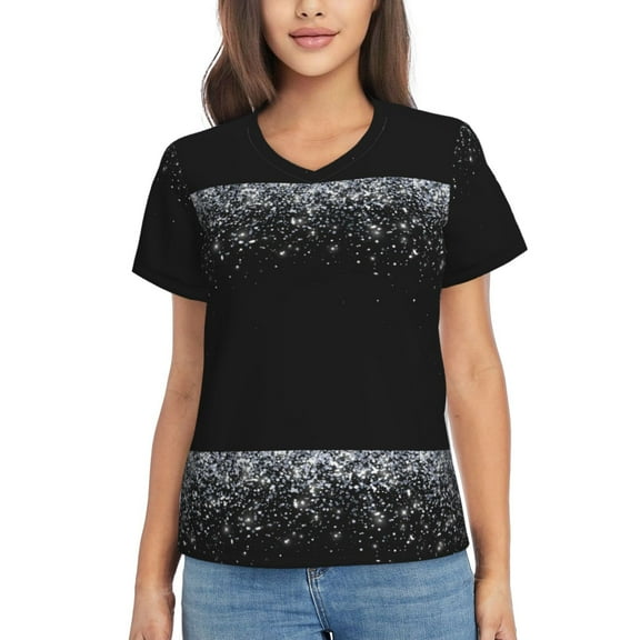 Yiaed Silver Glitter1 Print Women's T Shirt V-Neck Short Sleeve Shirt Casual Breathable Tee Summer Tops-Large