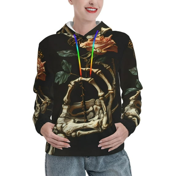 Yiaed Skeleton Hand Rose Butterfly Print Womens Casual Hoodies Crew Neck Long Sleeve Sweatshirts With Pocket Pullover Tops Women's Hooded Sweatshirt-XX-Large