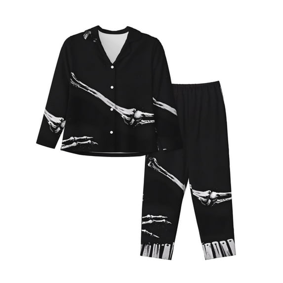 Yiaed Skeleton Playing Xylophone Print Pajamas Women's Long Sleeve Sleepwear Soft Button Down Loungewear Pjs Lounge Set Nightwear Womens Pajama Pants-