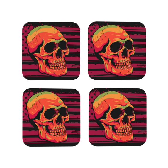 Yiaed Skull And Flag Usa Print Leather Coasters for Drinks - Cup Coasters Coffee Table Kitchen Table Bar, Home & Office Gifts Handmade Drink Coasters-Square