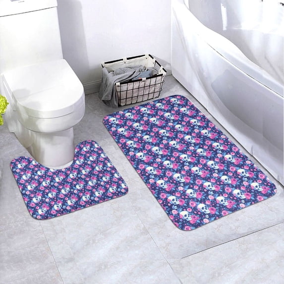 Yiaed Skull Flower Print Bathroom Mat Set 2 Pieces Mat Anti-Skid Pad Ultra Soft and Absorbent Bathroom Bath Mat Contour Bath Rugs for Toilet Base