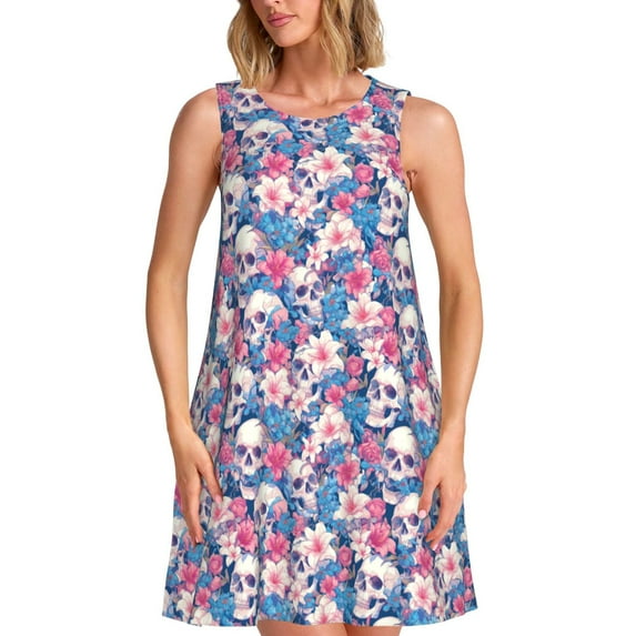 Yiaed Skull Print Women's Sleeveless Dress, Loose Fit Summer Dress, Casual Sleeveless Dress for Women