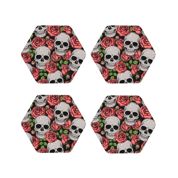 Yiaed Skull and Roses Print Leather Coasters for Drinks - Cup Coasters Coffee Table Kitchen Table Bar, Home & Office Gifts Handmade Drink Coasters-Hexagon