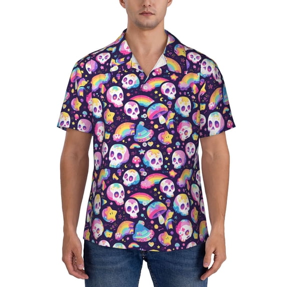 Yiaed Skull colorful mushroom rainbow Print Hawaiian Shirt for Men Short Sleeve Button Down Shirts Beach Shirts for Men-3X-Large