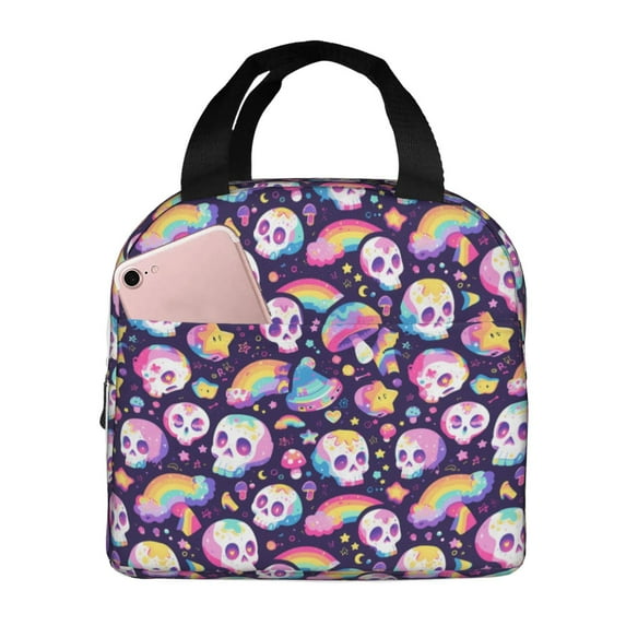 Yiaed Skull colorful mushroom rainbow Print Insulated Lunch Bag Reusable Cute Tote Lunch Box, Leakproof Cooler Lunch Bags for Work Office Travel School Picnic