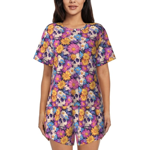 Yiaed Skull daisy flower Print Short Sleeve Pajama Sets for Women Casual Crew Neck 2 Piece Lounge Sets Women's Short-Sleeved Pajama-X-Large