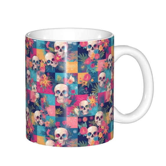 Yiaed Skull flower leaf Plaid Print Ceramics Coffee,Large Handle Design,Extra Large Tea and Coffee Cup for Office and Home Mugs
