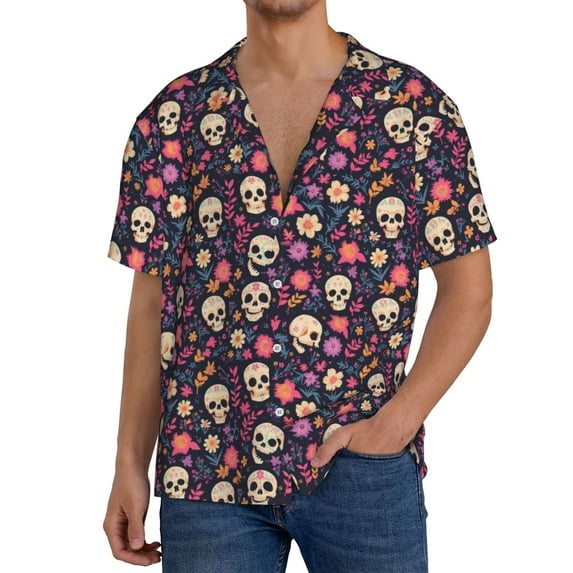 Yiaed Skull flower leaf colorful Print Mens Casual Wrinkle Free Shirts Short Sleeve Button Down Summer Stretch Dress Shirt-Small