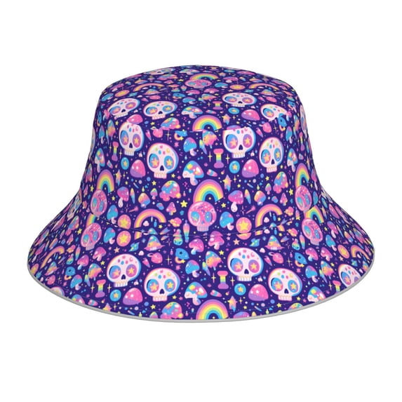 Yiaed Skull mushroom rainbow Print Reflective Stripe Bucket Hat Unisex Funny Outdoor Fisherman Cap Beach Sun Hat