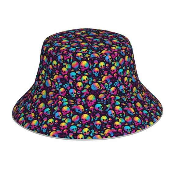 Yiaed Skull rainbow color mushroom Print Reflective Stripe Bucket Hat Unisex Funny Outdoor Fisherman Cap Beach Sun Hat